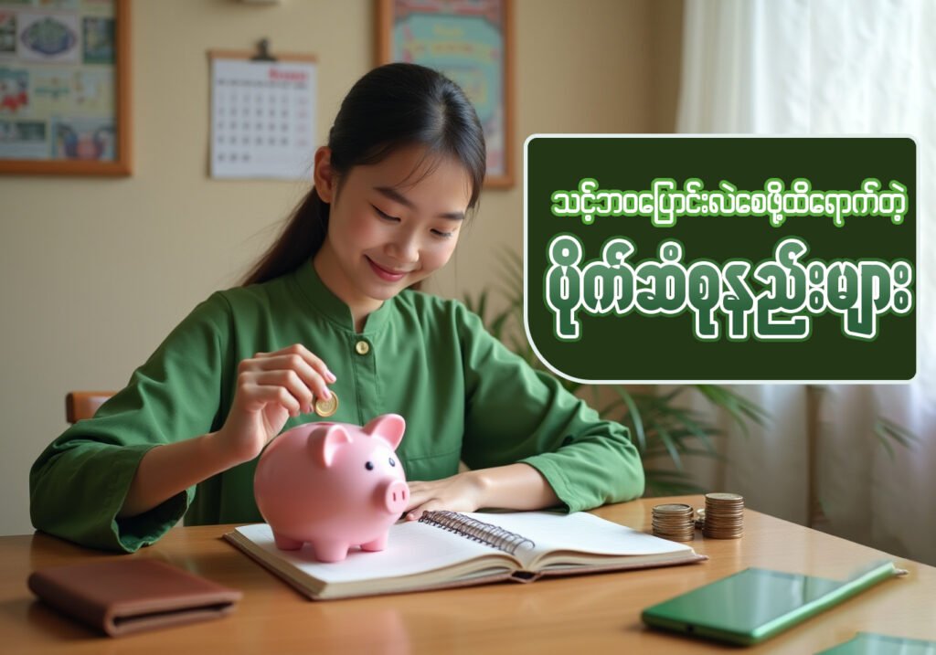 မြန်မာဝတ်စုံဝတ်ပြီး ပိုက်ဆံစုနည်းရေးနေသော မိန်းကလေးတစ်ဦး