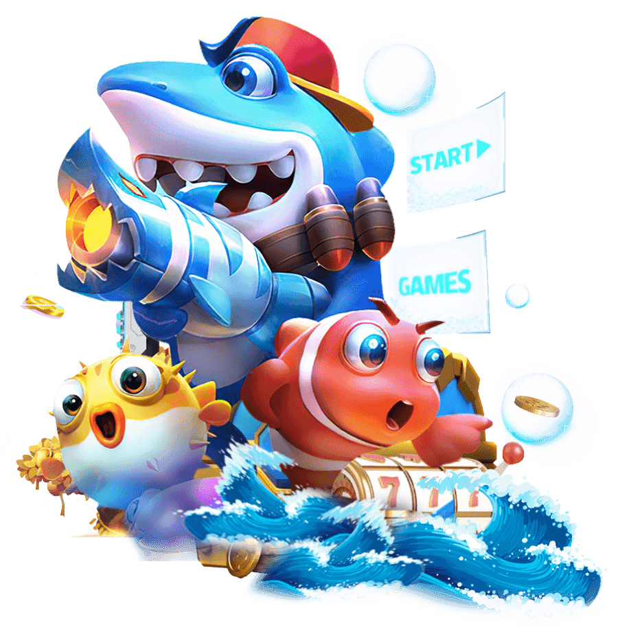 ATK777_games ငါးပစ်ဂိမ်း banner – Shark ဇာတ်ကောင်နဲ့ water gun, gold coins, START button ပါဝင်တဲ့ colorful underwater UI