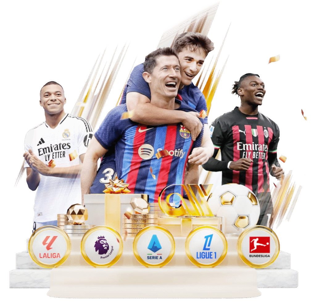 ATK777_games မှာ European Football League များကို အထူးပြသတဲ့ Real Madrid, Barcelona, AC Milan ဇာတ်ကောင်များပါဝင်တဲ့ banner