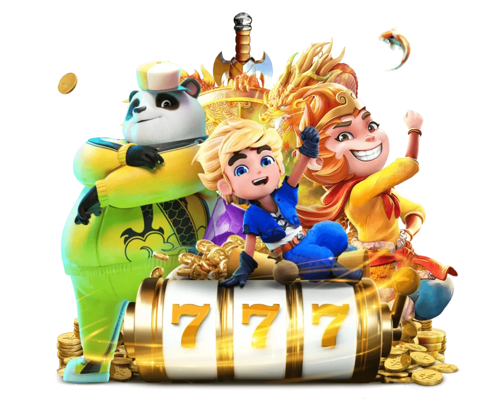 ATK777_games slot banner – 777 slot machine, panda, blond hero, crowned character နဲ့ gold coins ပါဝင်တဲ့ casino-style UI